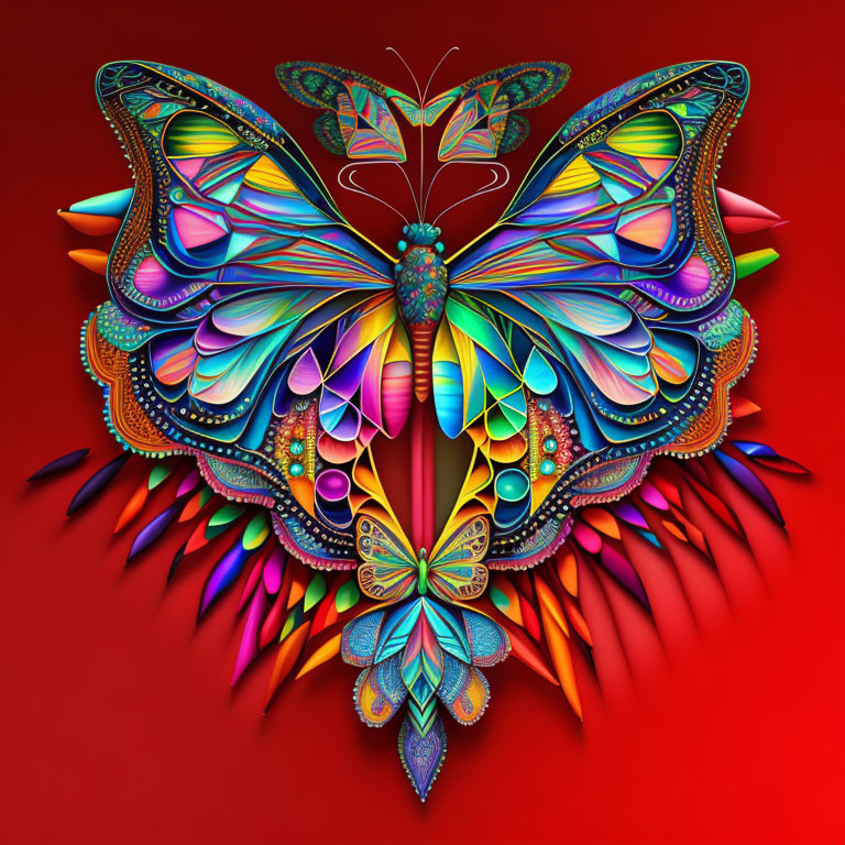 Colorful Butterfly Digital Art on Red Background