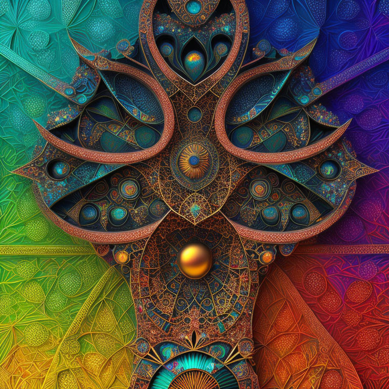 Symmetrical fractal art: Vibrant, intricate mandala patterns in a colorful kaleidoscope