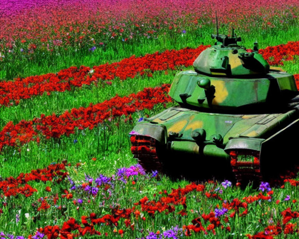 Camouflaged tank in vibrant field of red poppies and purple flowers