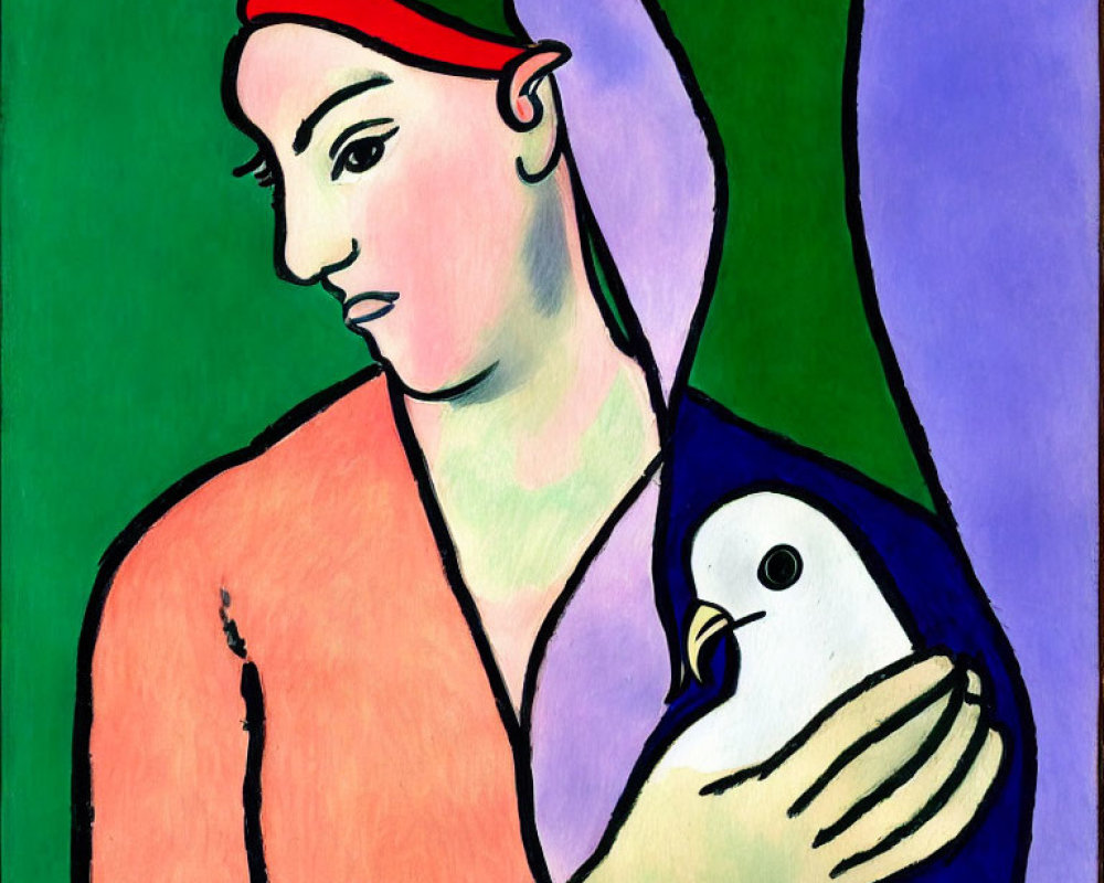 Colorful painting of person with red headband holding white dove on vibrant background