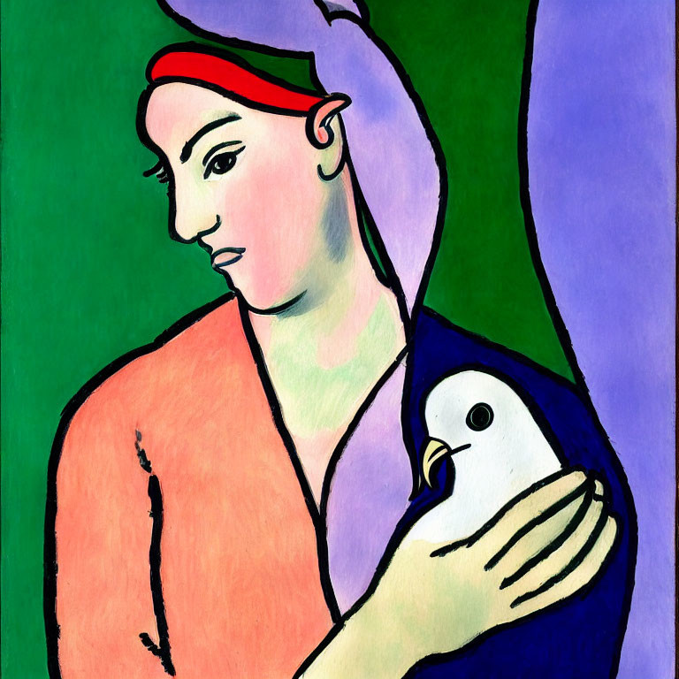 Colorful painting of person with red headband holding white dove on vibrant background