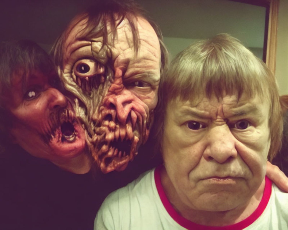 Three people in horror masks with distorted facial features posing closely.