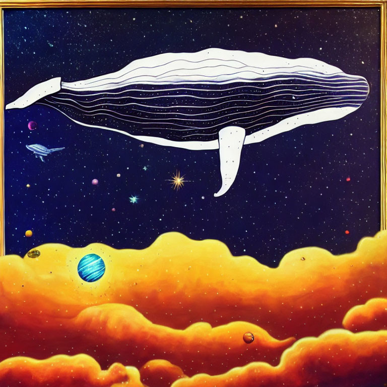 Whale swimming in space among stars and planets with vibrant nebulae