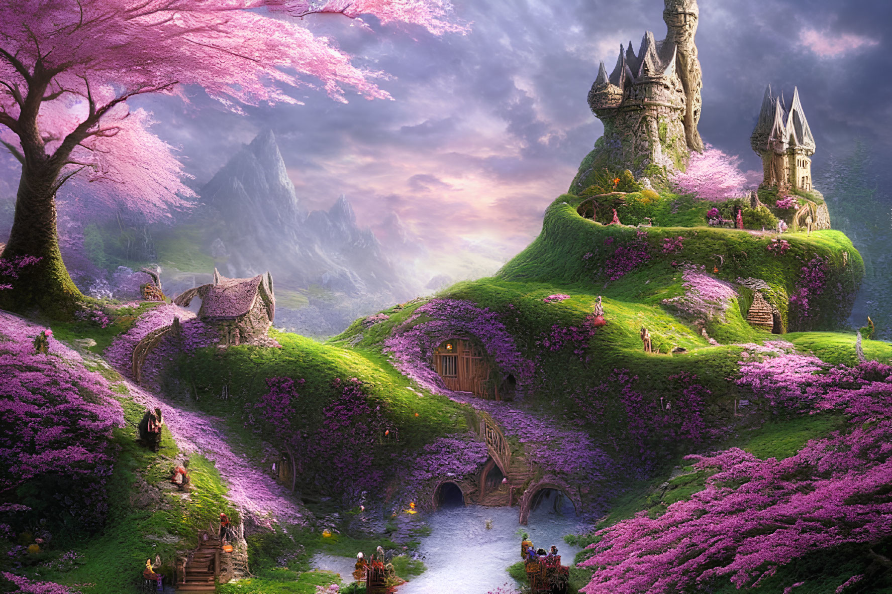 Fantasy landscape with green hills, purple flowers, cherry blossoms, and enchanting castles