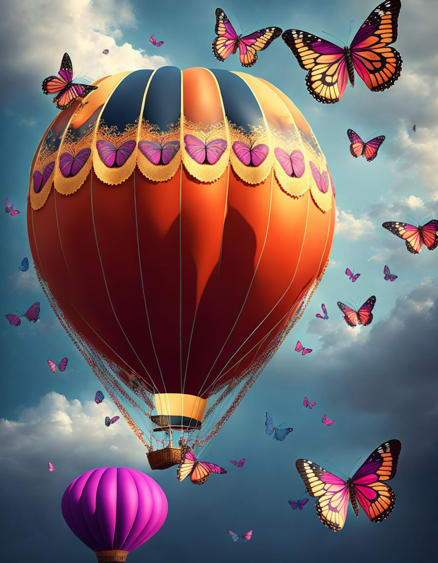 Colorful hot air balloon and butterflies in dreamy sky