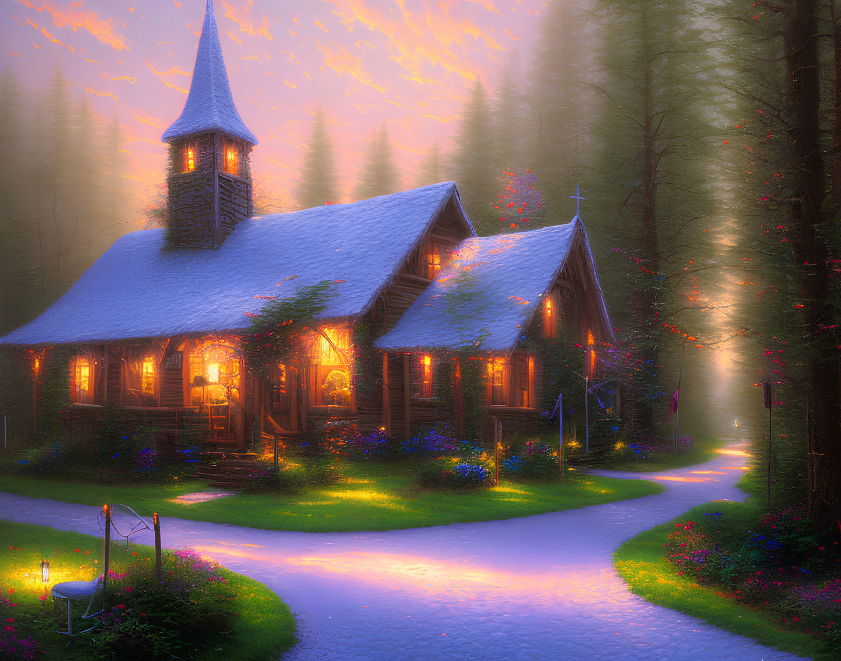 Snow-covered forest cottage with glowing windows at sunset