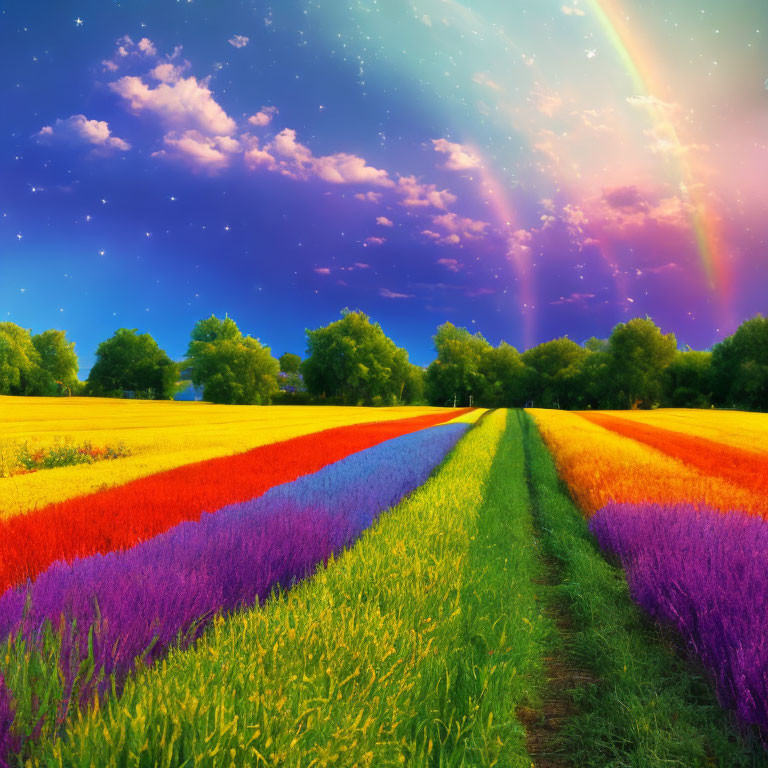 Colorful flower fields under a rainbow and starry sky at dusk.