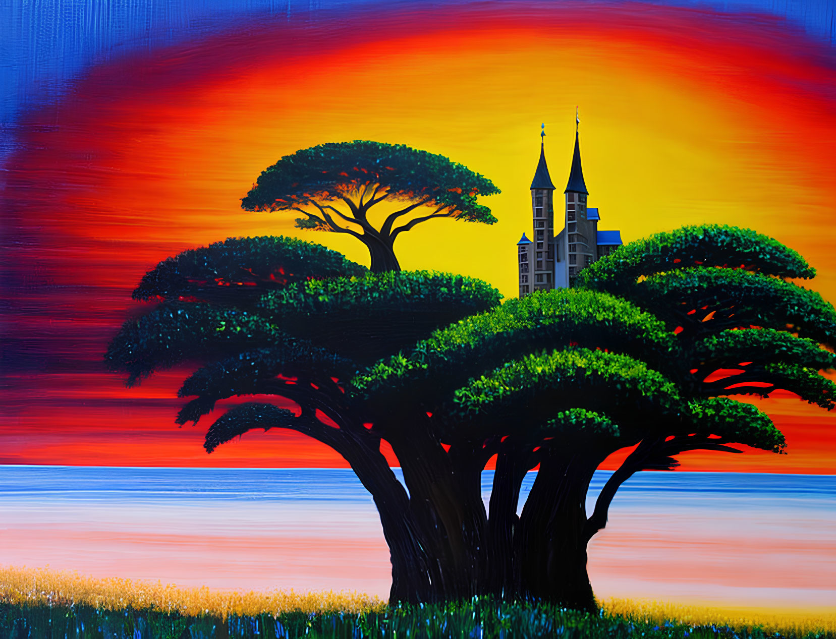 Colorful Sunset Sky with Tree Silhouettes and Castle Painting