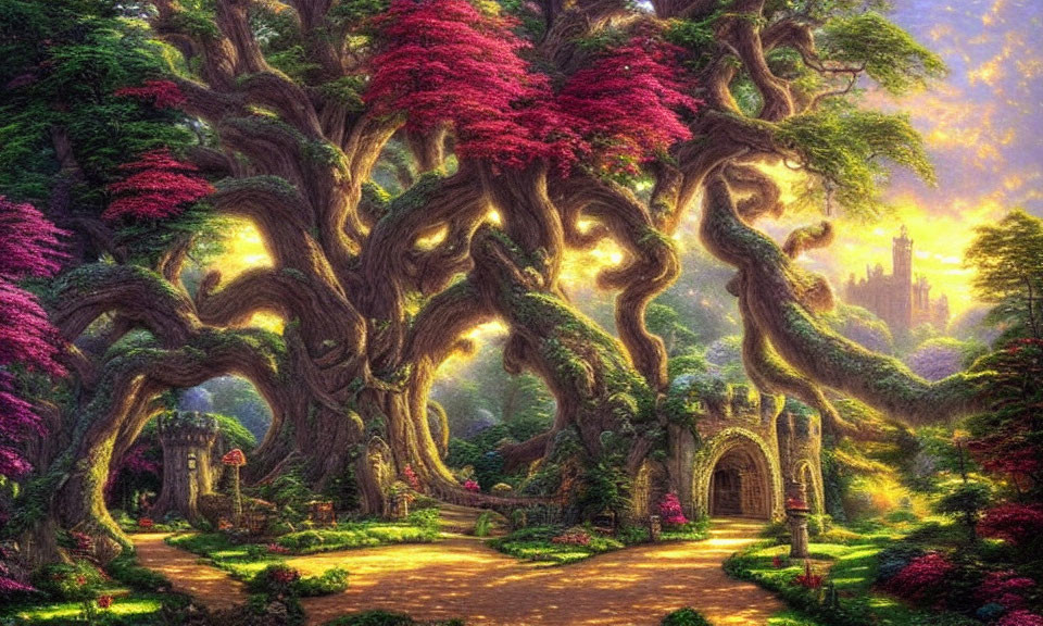 Majestic enchanted forest with glowing path, ancient trees, vibrant flowers, and distant castle at sunset