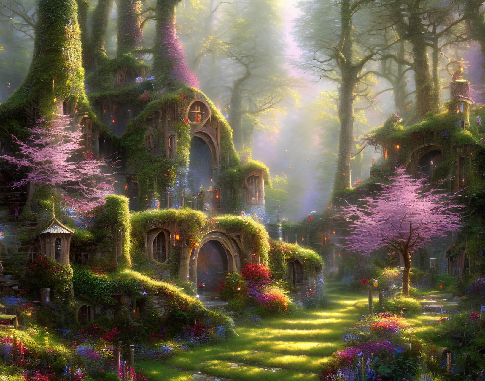 Whimsical treehouses in enchanted forest with pink blossoming trees