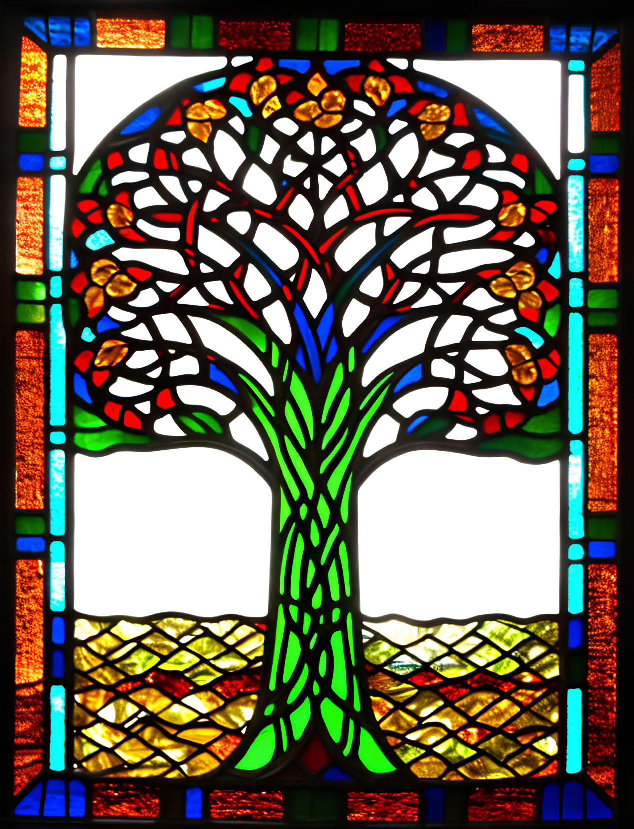 Colorful Tree Stained Glass Window on Blue Background