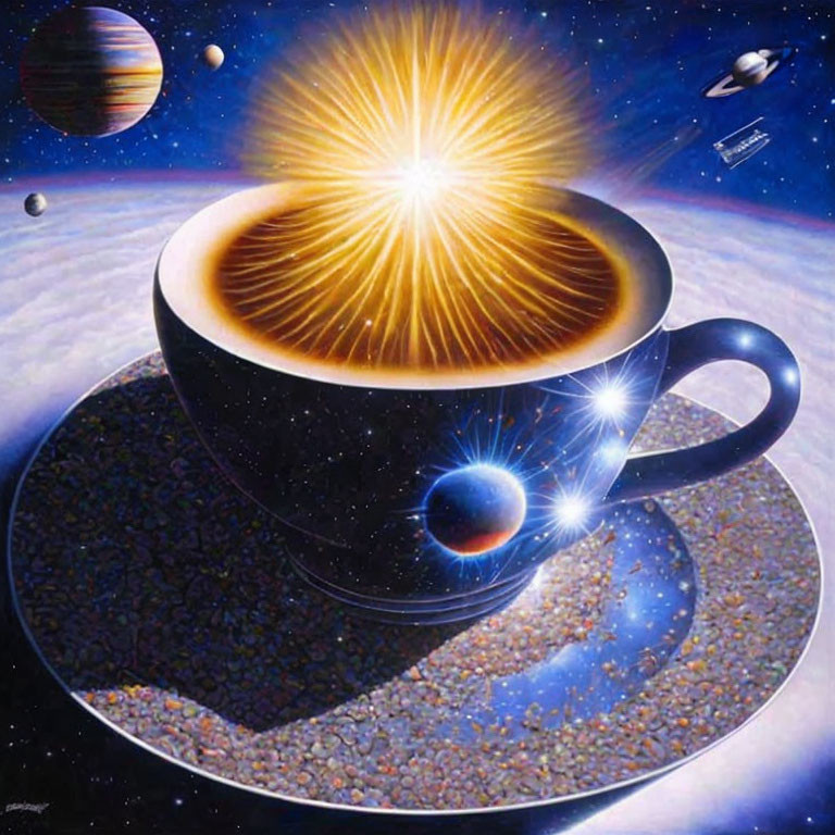 Surreal cosmic scene with planets and star in coffee cup on space backdrop