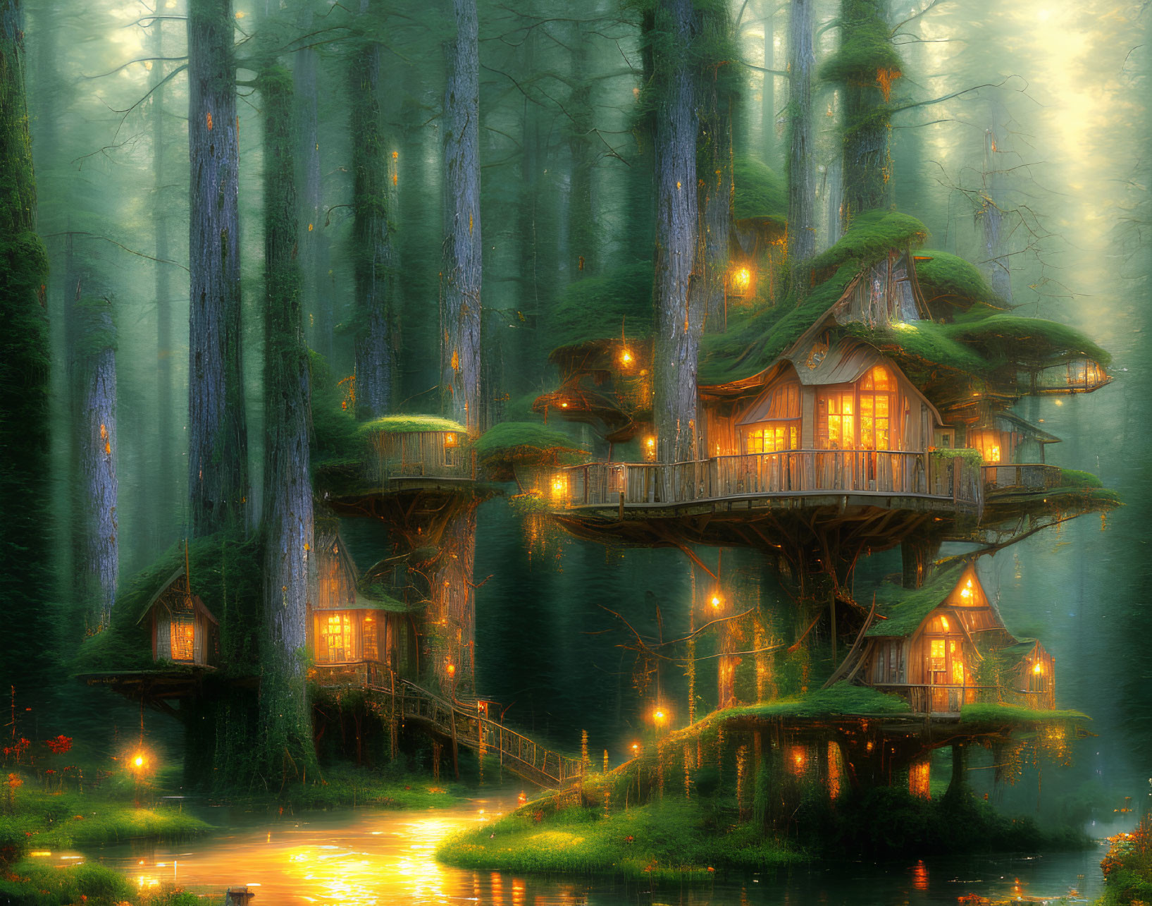 Enchanted forest with tall trees, whimsical treehouses, serene river, and magical glow