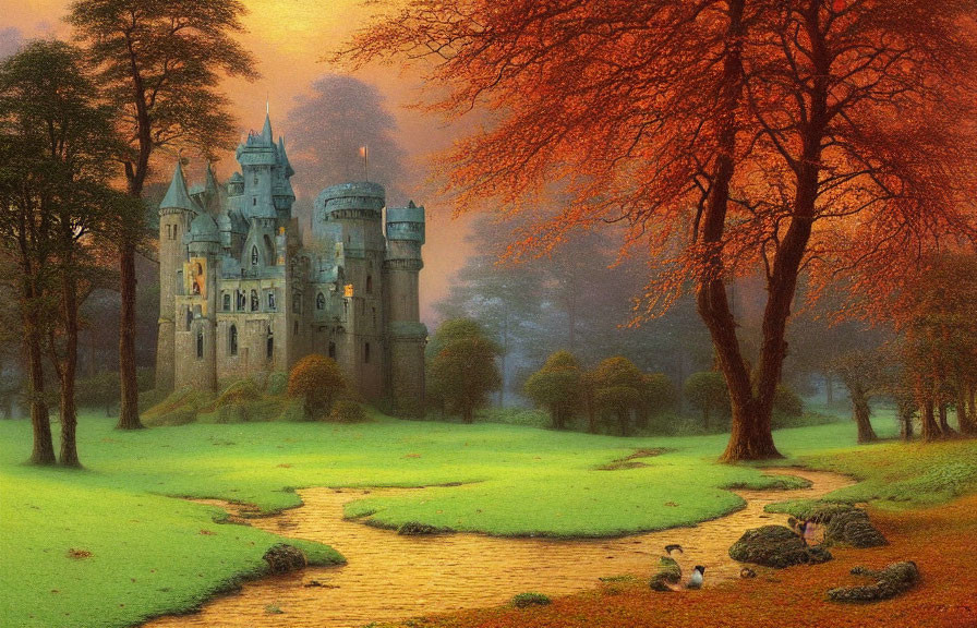 Enchanting castle in serene autumn landscape with stream and swans