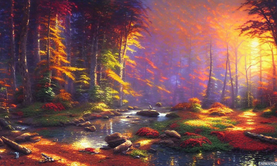 Tranquil forest landscape with autumn foliage and sunlit stream