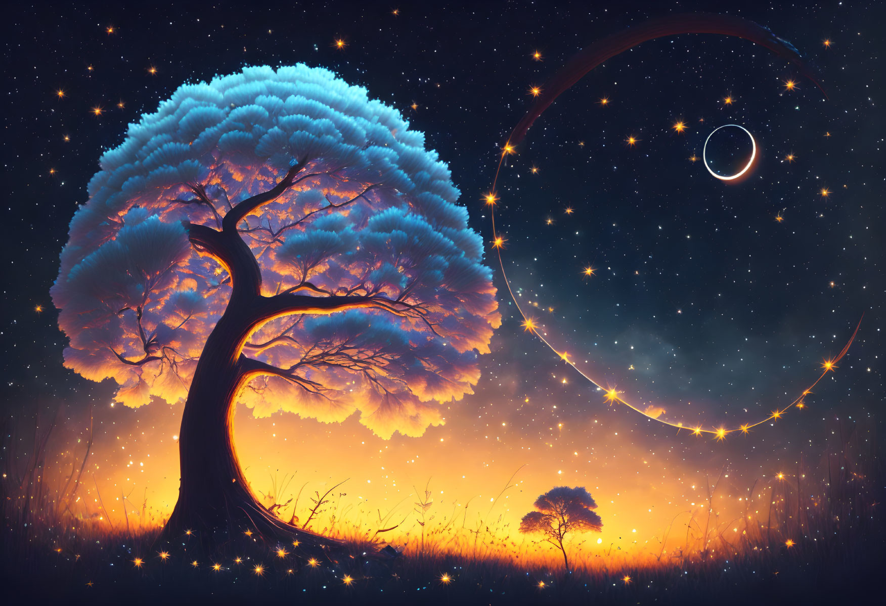 Surreal twilight landscape with glowing trees and celestial elements