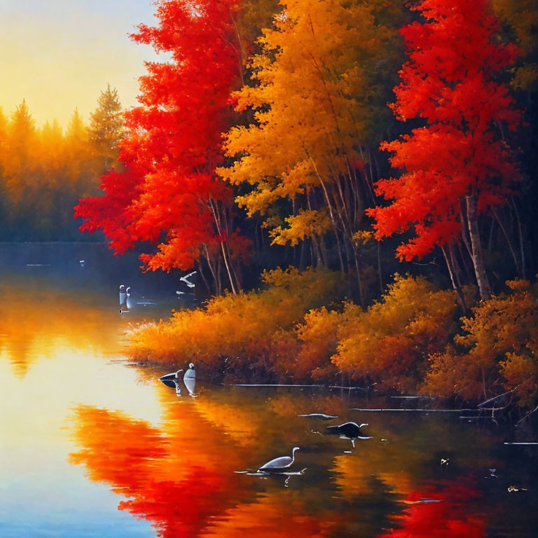 Tranquil autumn landscape with red and orange foliage reflected on a lake