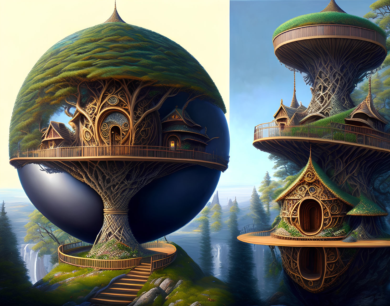 Spherical base fantasy treehouses in misty forest with river view