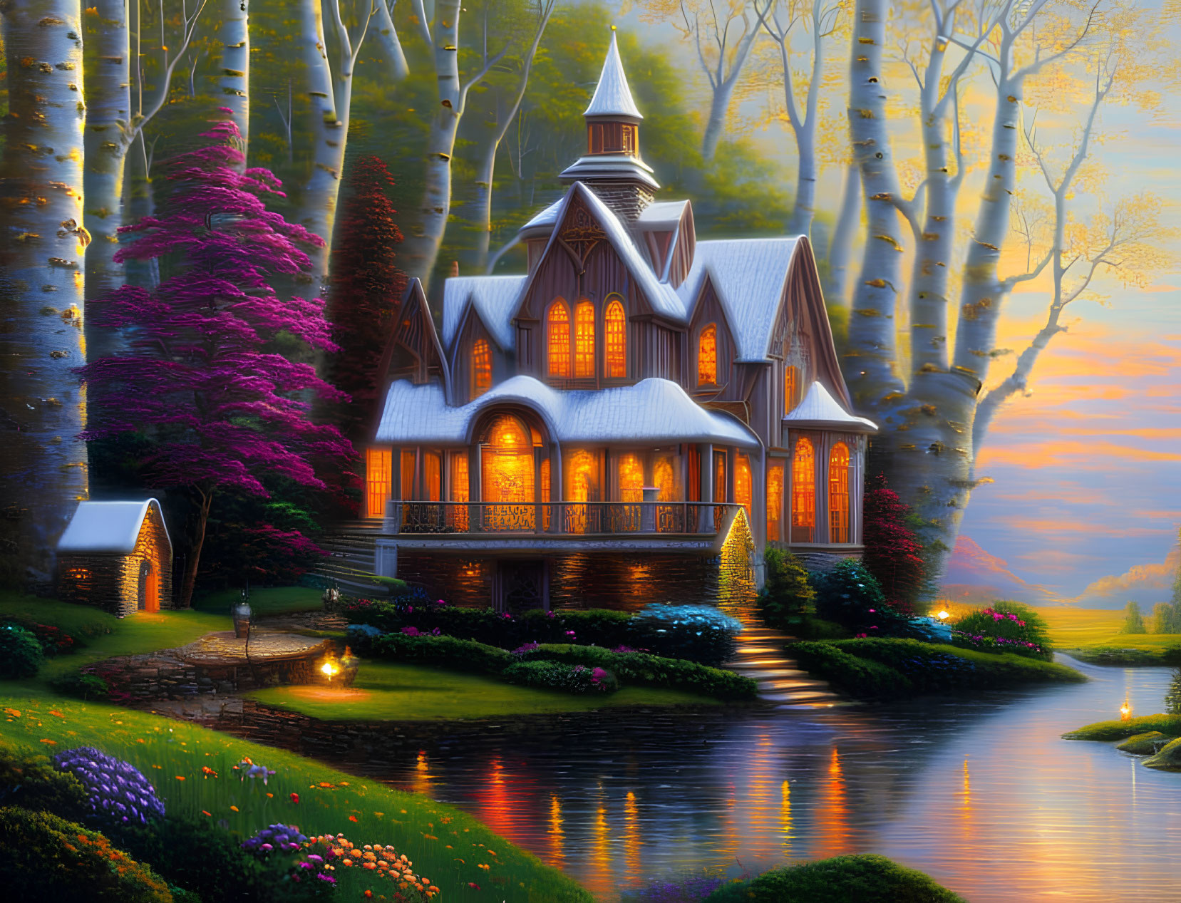 Enchanted cottage by serene lake at sunset