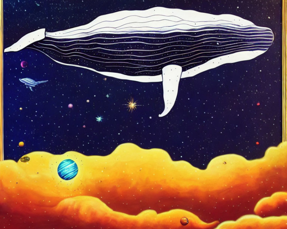 Whale swimming in space among stars and planets with vibrant nebulae