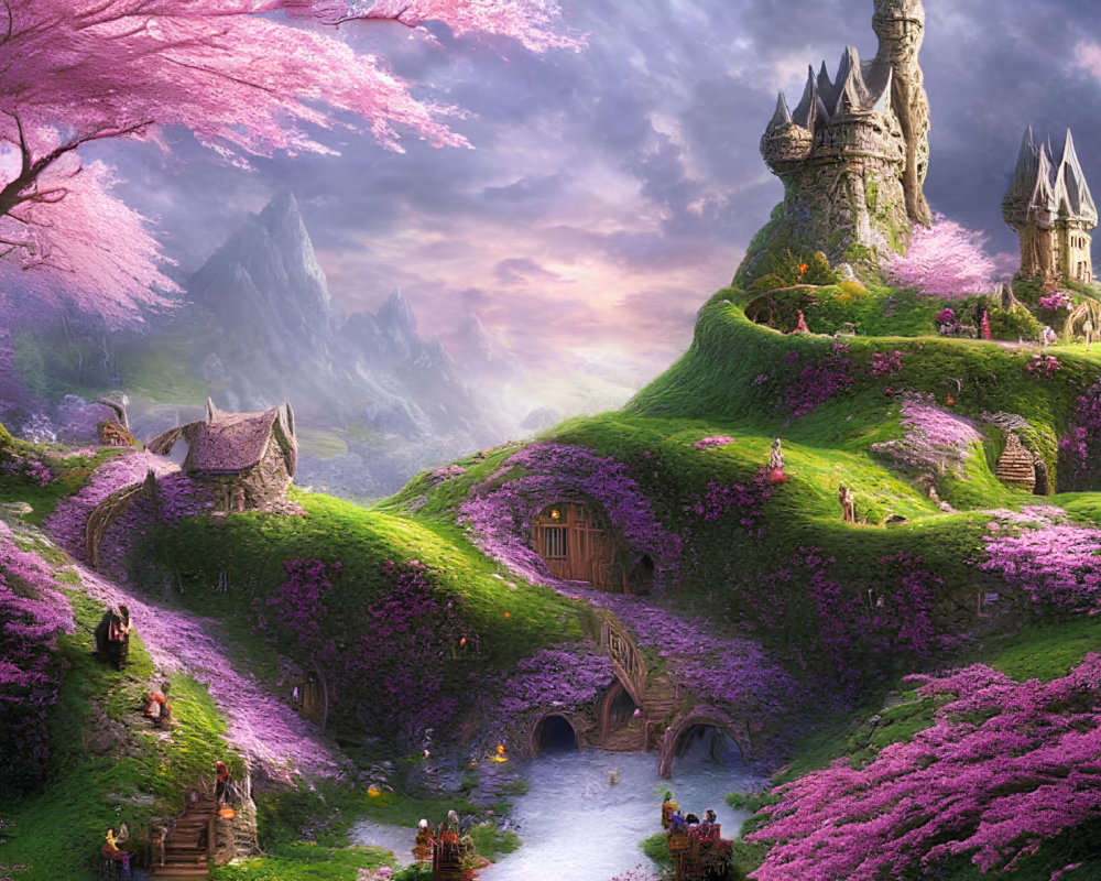 Fantasy landscape with green hills, purple flowers, cherry blossoms, and enchanting castles