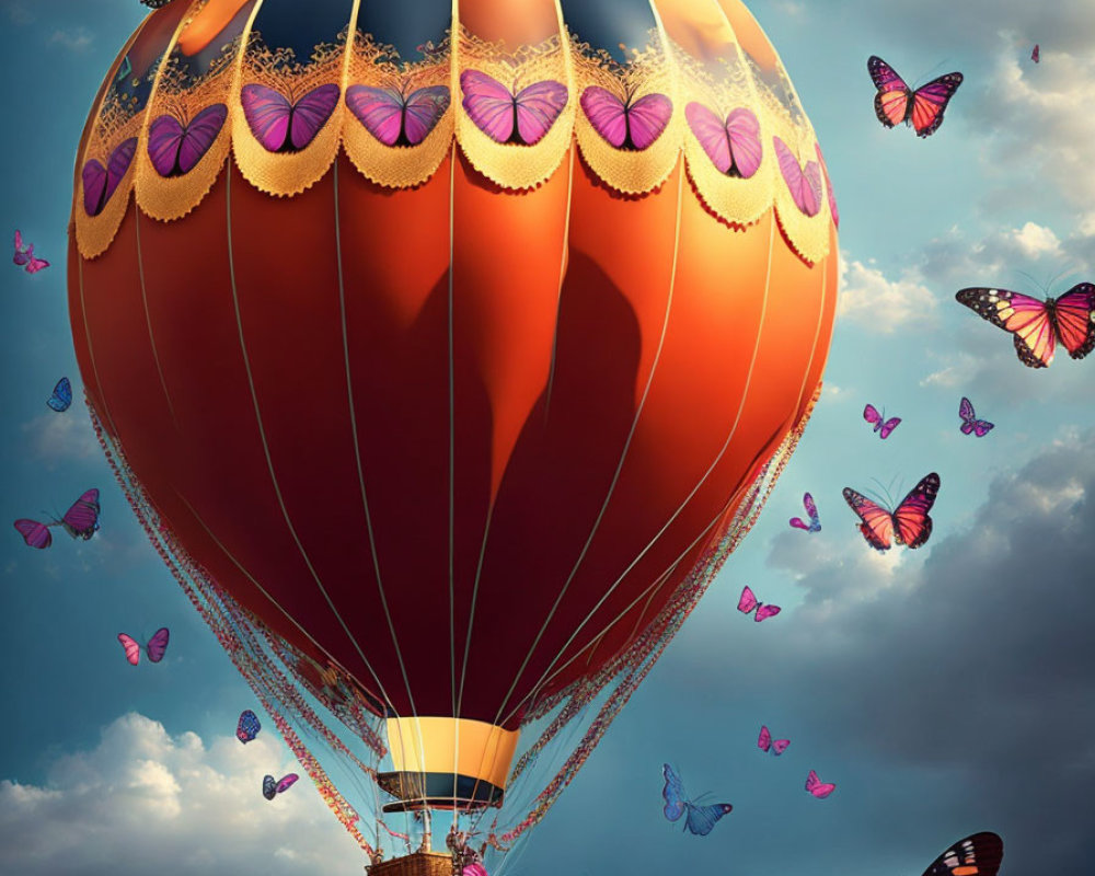 Colorful hot air balloon and butterflies in dreamy sky