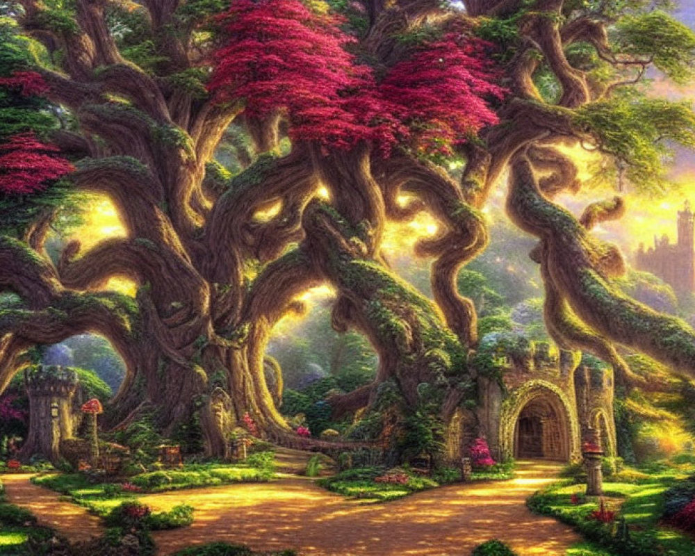 Majestic enchanted forest with glowing path, ancient trees, vibrant flowers, and distant castle at sunset