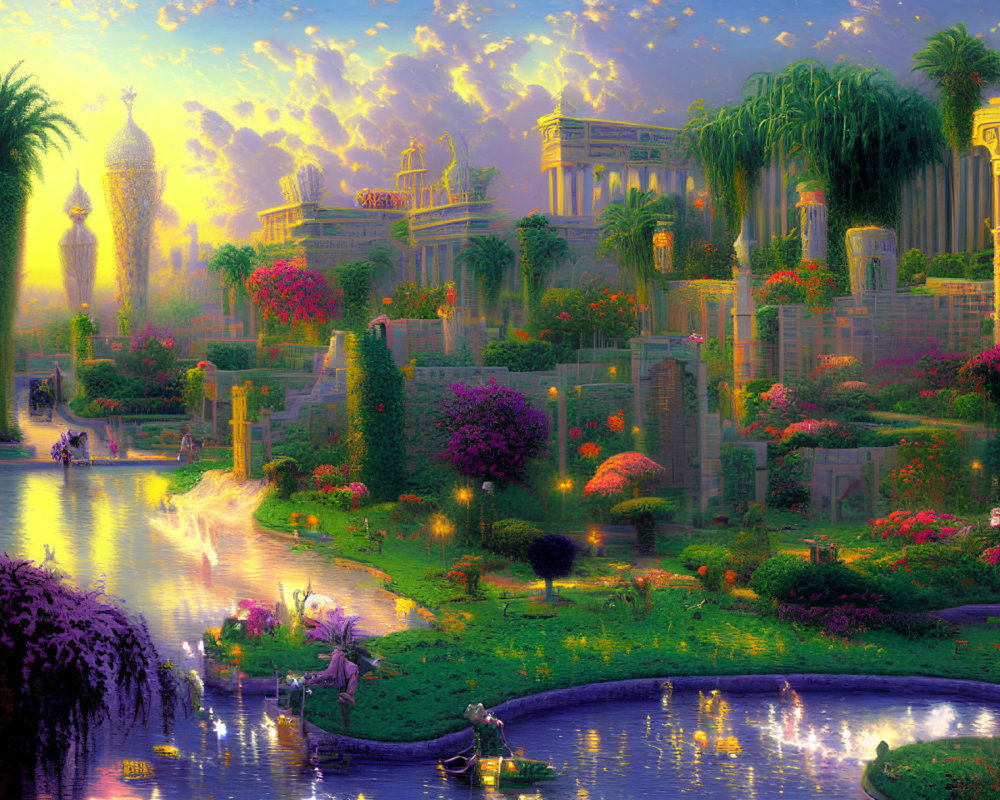 Fantastical landscape with lush gardens, rivers, and ornate structures