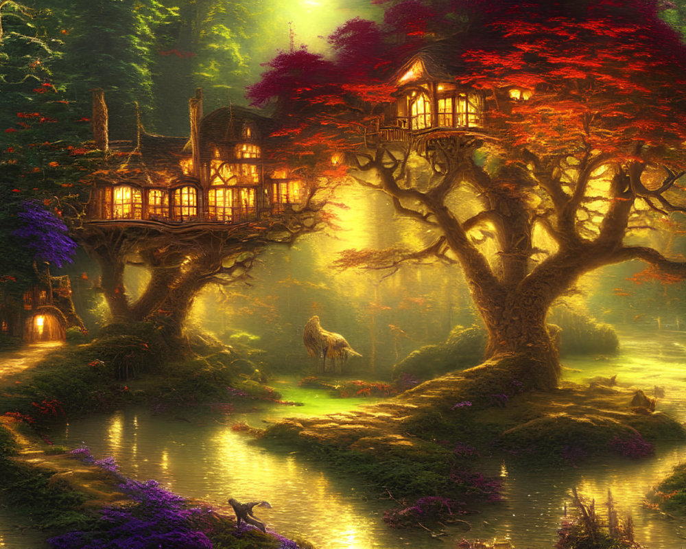 Enchanted forest fantasy illustration with cozy treehouse and unicorn