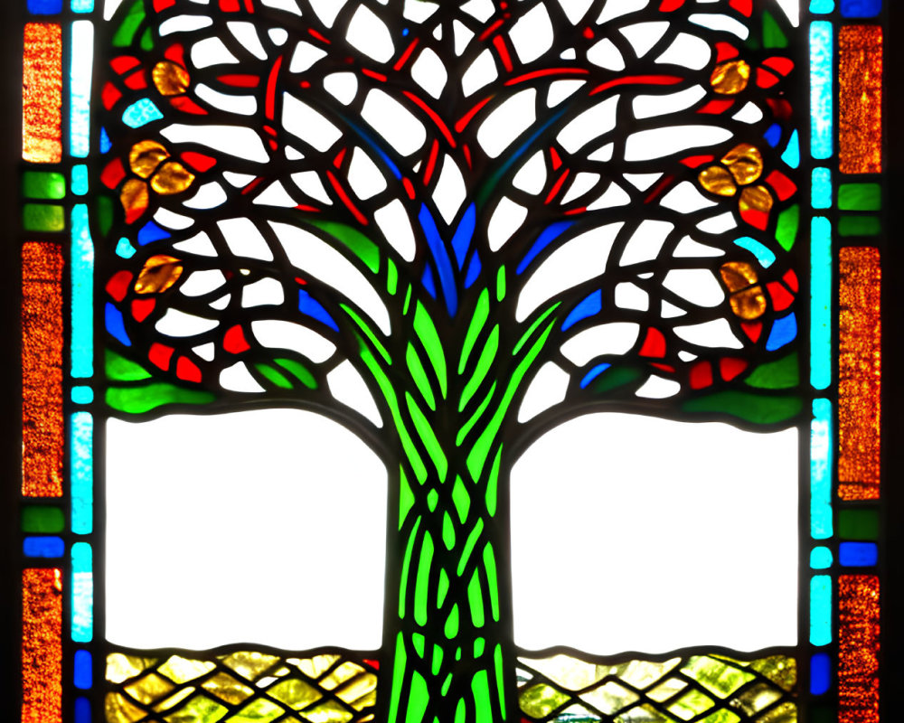 Colorful Tree Stained Glass Window on Blue Background