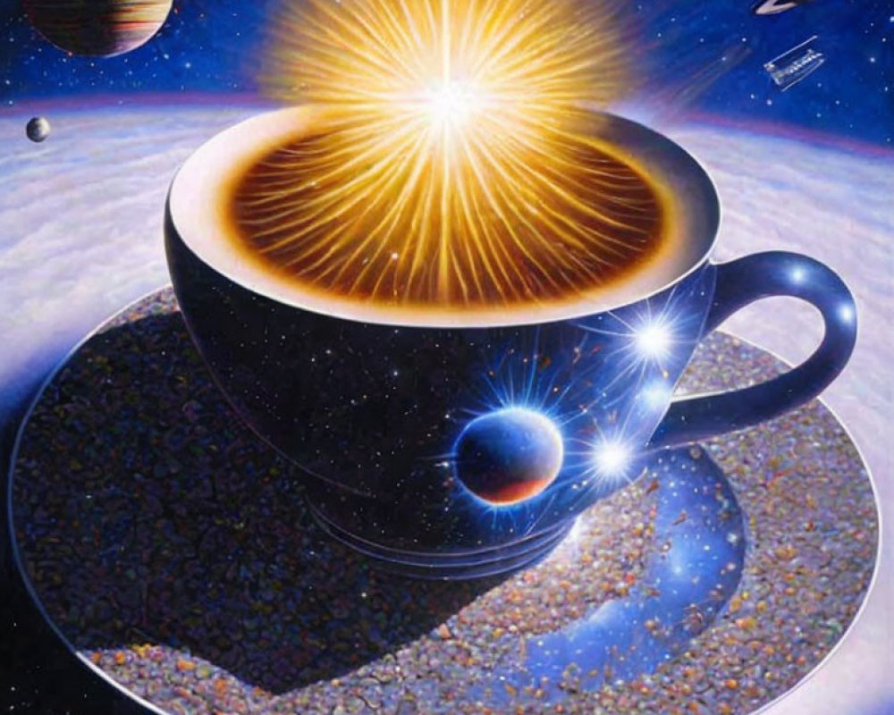 Surreal cosmic scene with planets and star in coffee cup on space backdrop