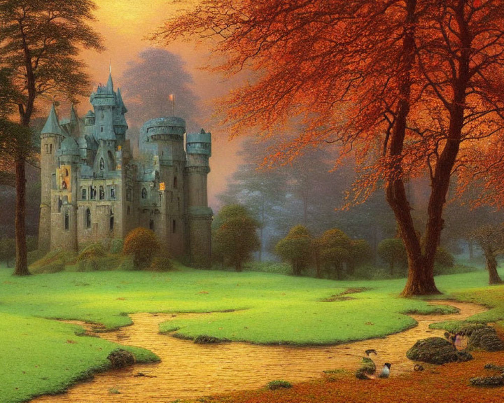 Enchanting castle in serene autumn landscape with stream and swans