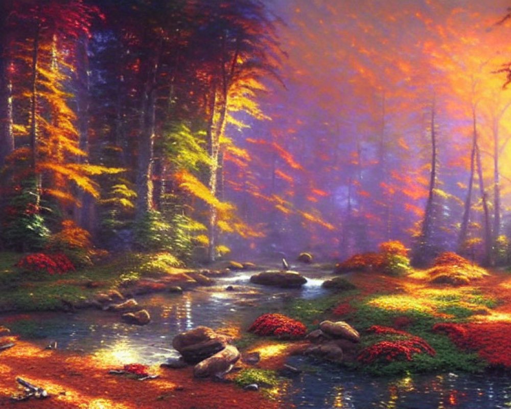 Tranquil forest landscape with autumn foliage and sunlit stream