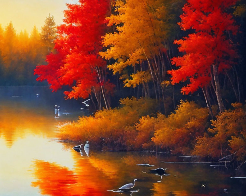 Tranquil autumn landscape with red and orange foliage reflected on a lake