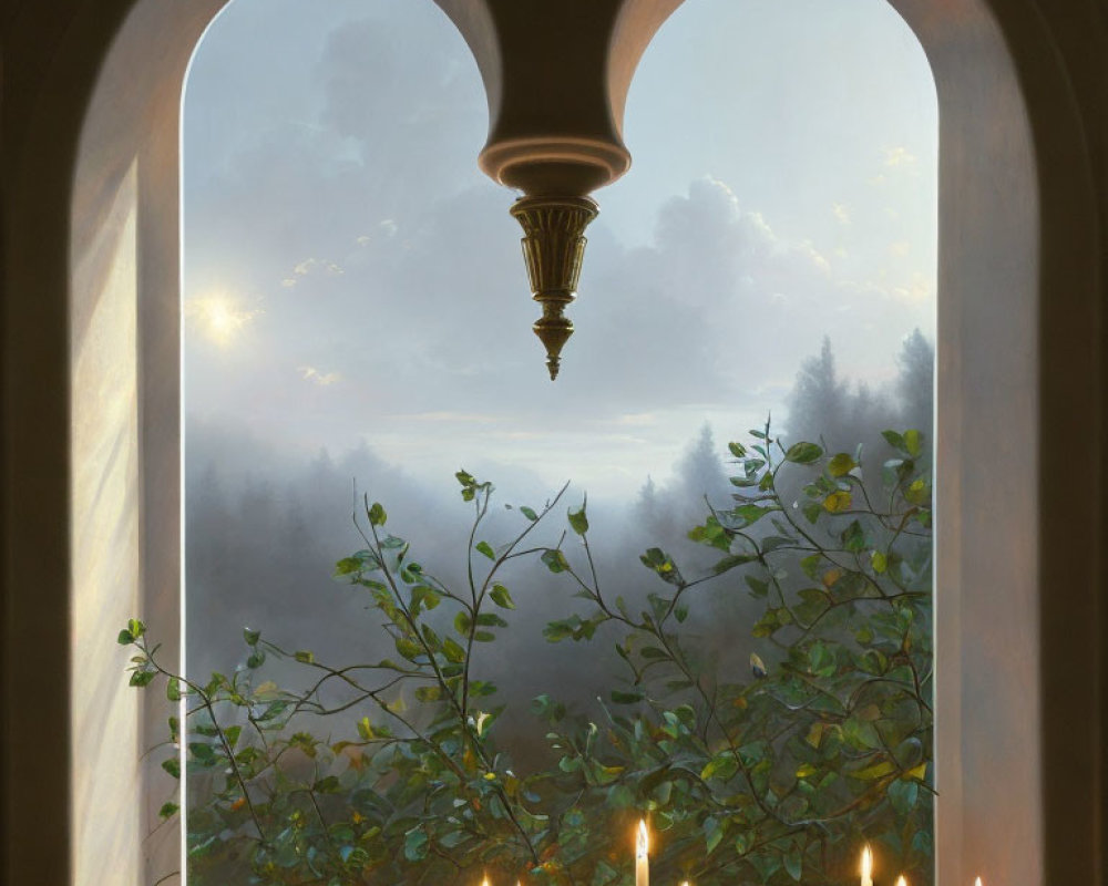 Misty forest sunrise view through arch window with candles