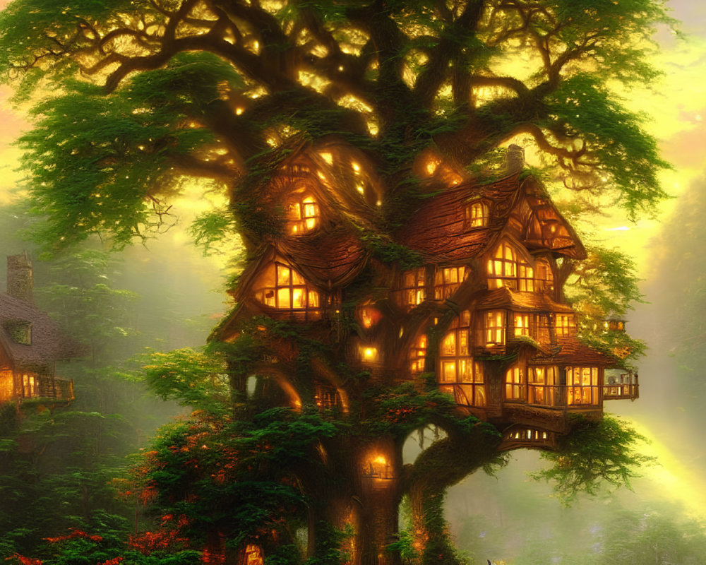 Enchanting treehouse in sunlit forest with glowing windows