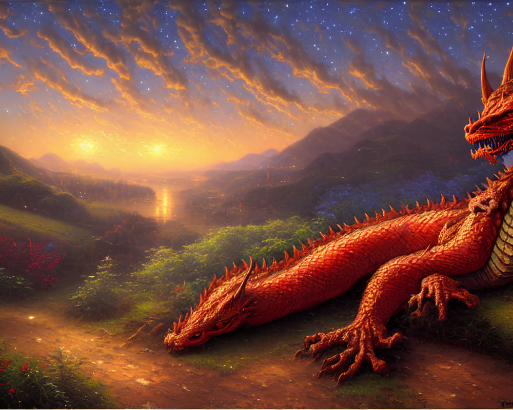 Majestic red dragon on mountain path at sunrise overlooking valley