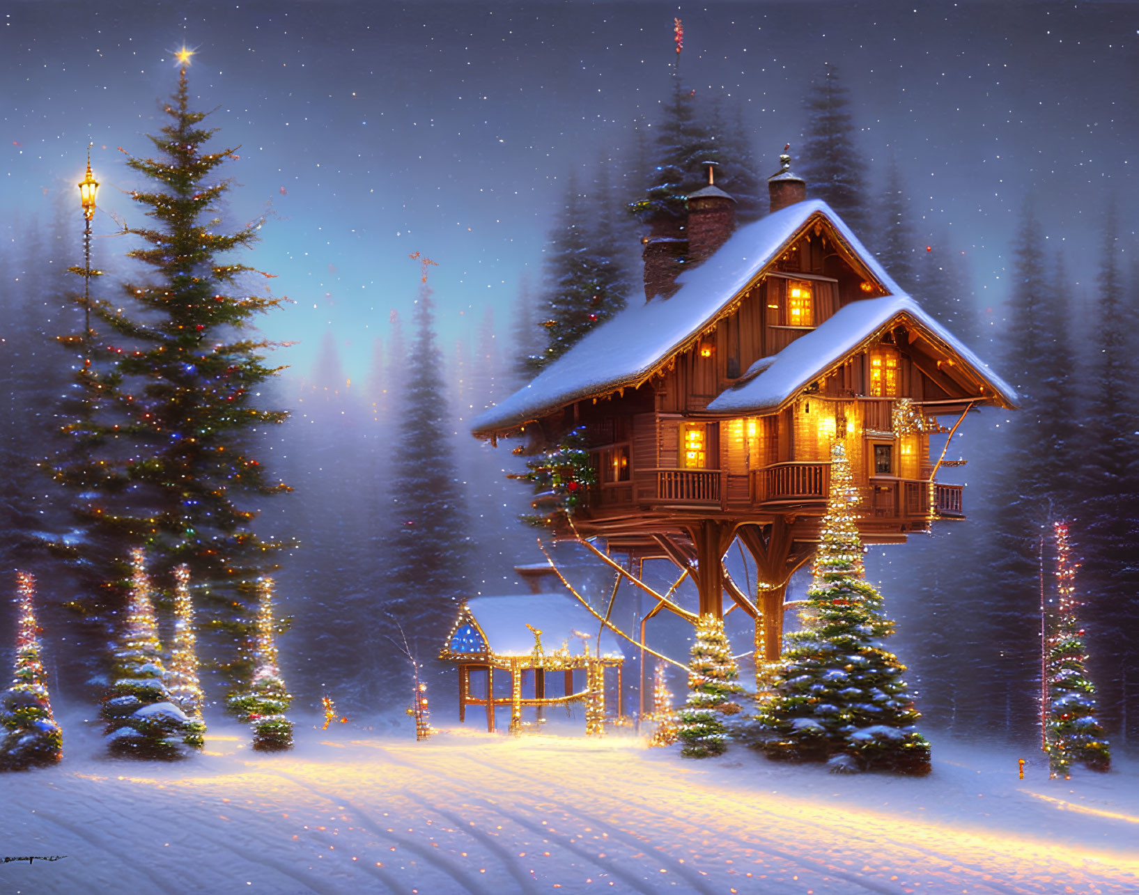 Snowy cabin nestled among pine trees with Christmas lights on starry night