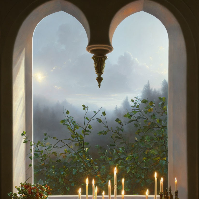 Misty forest sunrise view through arch window with candles