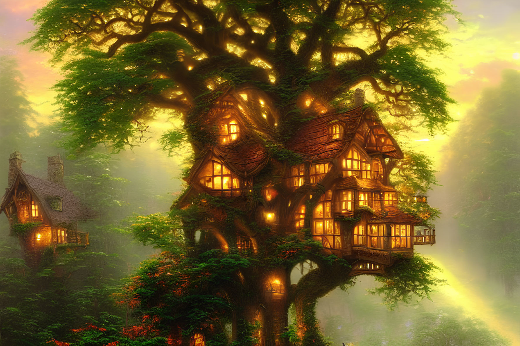 Enchanting treehouse in sunlit forest with glowing windows