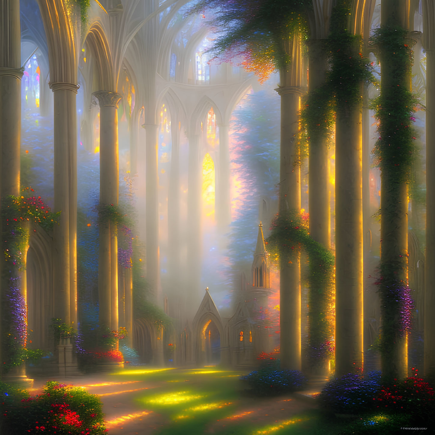 Fantasy cathedral with towering pillars and stained glass windows