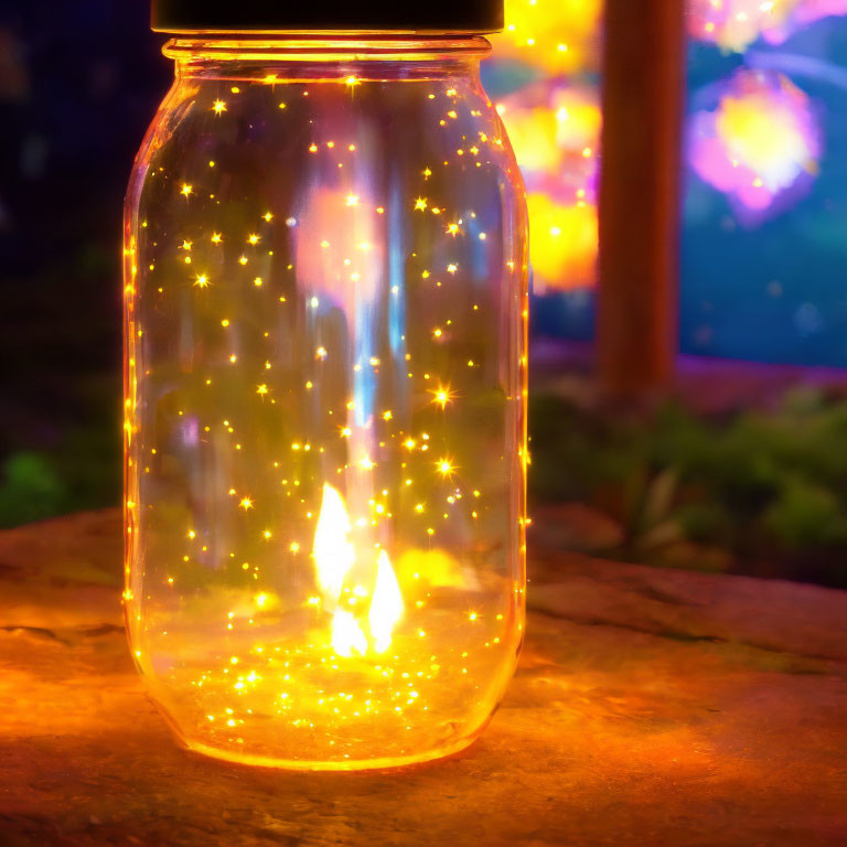 Glowing fairy lights in jar on wooden surface with festive background