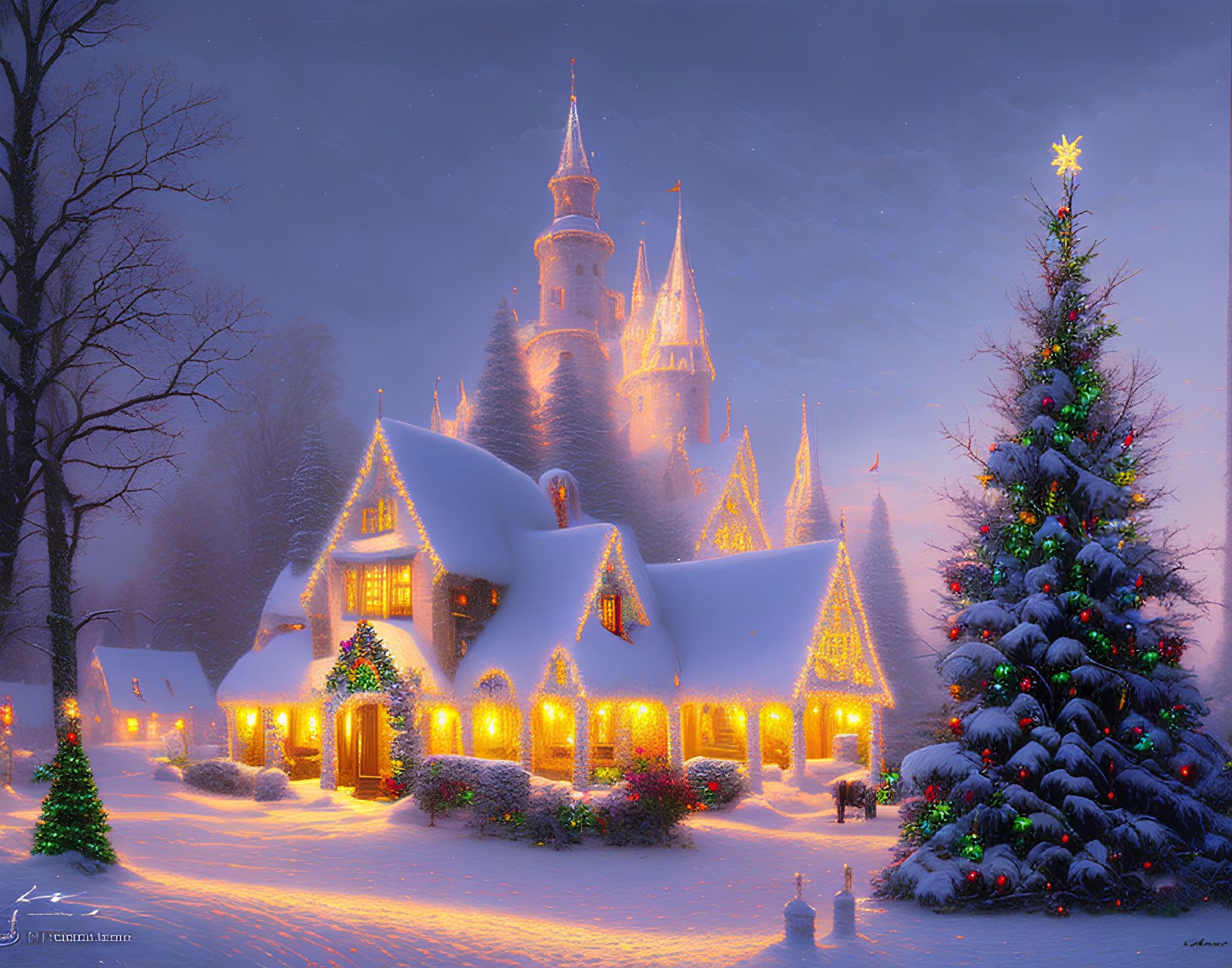 Snow-covered fairytale castle and cozy house with Christmas lights beside decorated tree under twilight sky