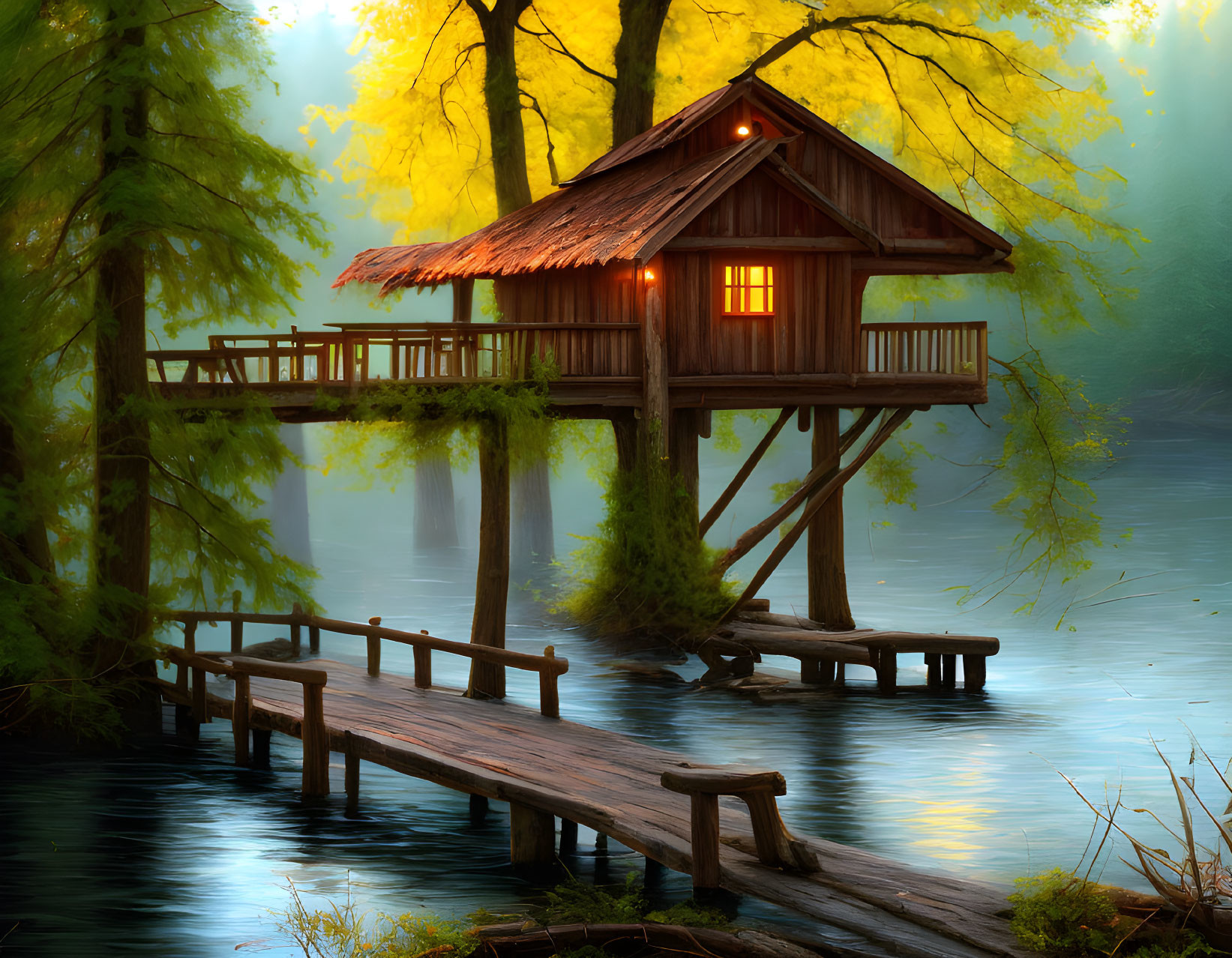 Wooden hut on stilts surrounded by water at dusk or dawn in misty surroundings