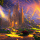 Majestic enchanted forest with glowing path, ancient trees, vibrant flowers, and distant castle at sunset