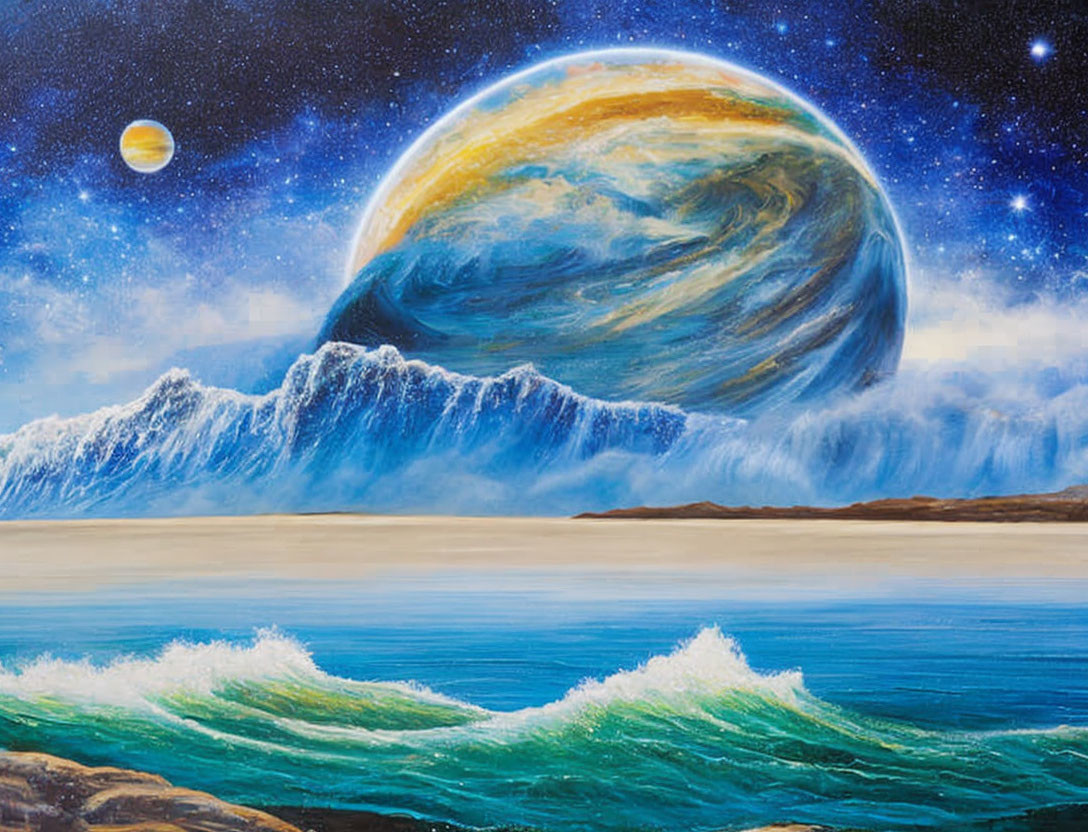 Vividly-colored planet rising above ocean waves on shore