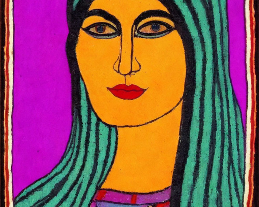 Colorful portrait of stylized woman in blue headscarf and yellow necklace on purple background.