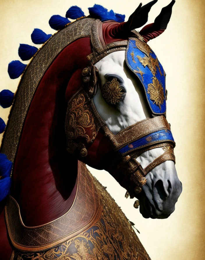 Profile view of a horse in ornate blue and gold ceremonial armor