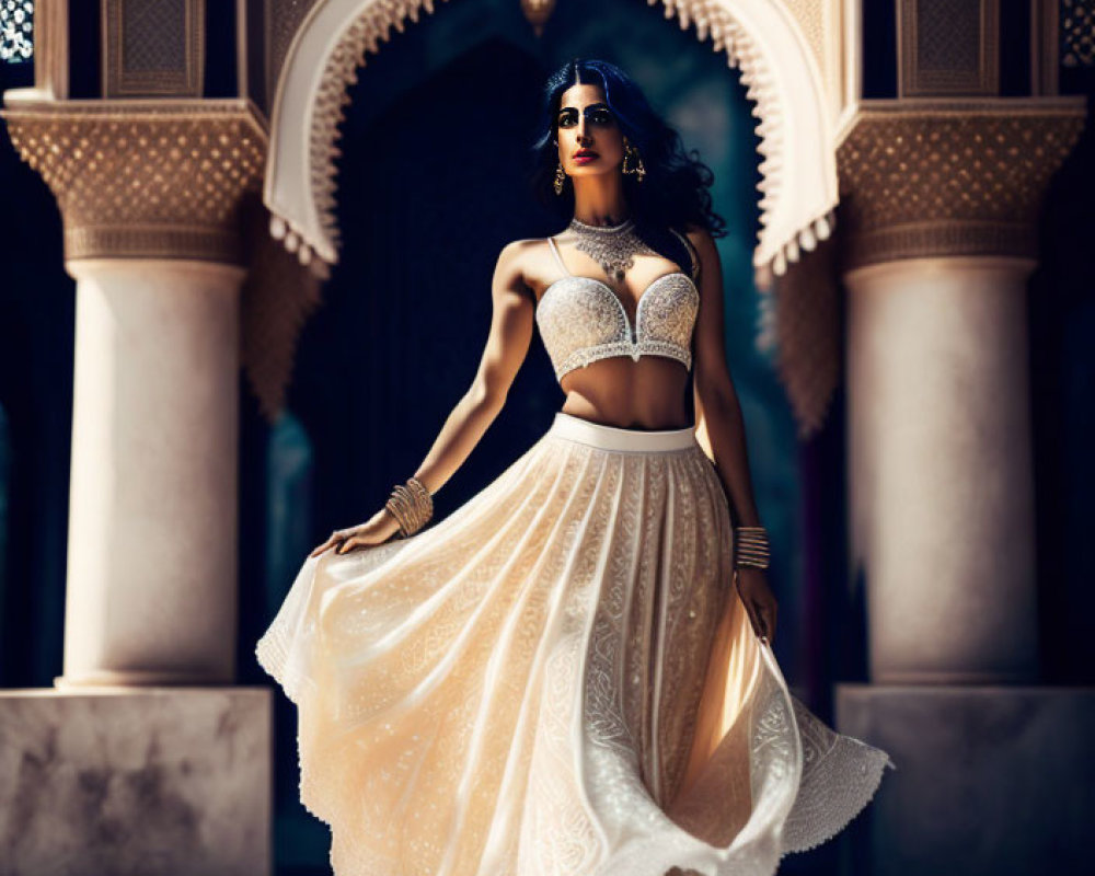 Traditional Off-White Lehenga with Embellishments in Sunlit Archway