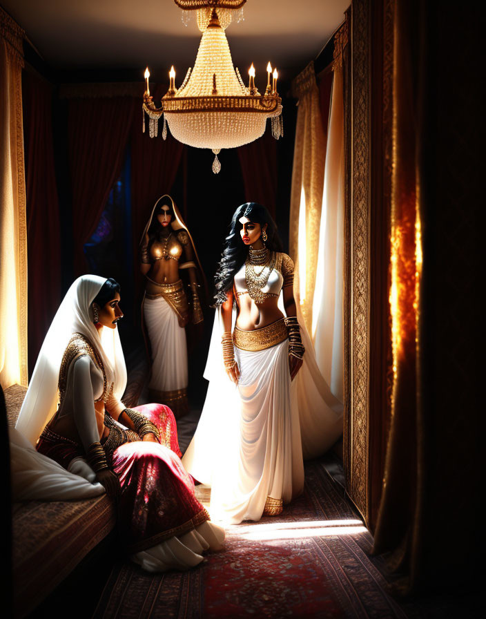 Traditional Clothing Women in Richly Adorned Room with Drapes